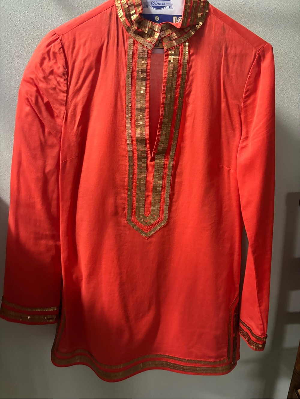 Tory Burch Red Tunic style top  with Gold Sequin Trim